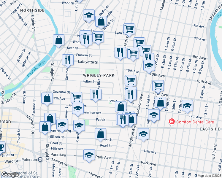 map of restaurants, bars, coffee shops, grocery stores, and more near 250 Fulton Street in Paterson