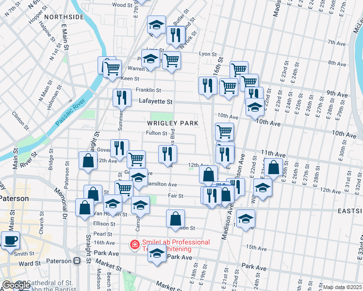 map of restaurants, bars, coffee shops, grocery stores, and more near 163 Rosa Parks Boulevard in Paterson