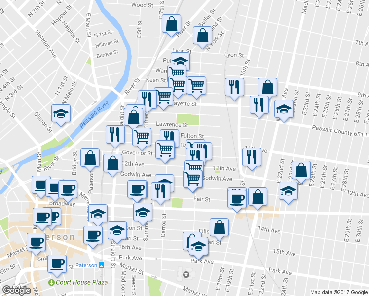 map of restaurants, bars, coffee shops, grocery stores, and more near 201 Harrison Street in Paterson
