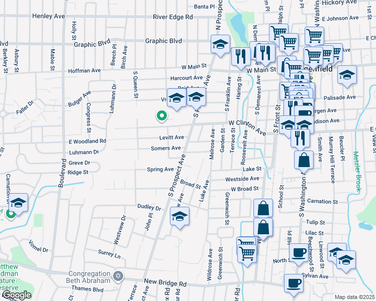 map of restaurants, bars, coffee shops, grocery stores, and more near 148 South Prospect Avenue in Bergenfield