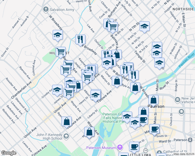 map of restaurants, bars, coffee shops, grocery stores, and more near 496 Union Avenue in Paterson