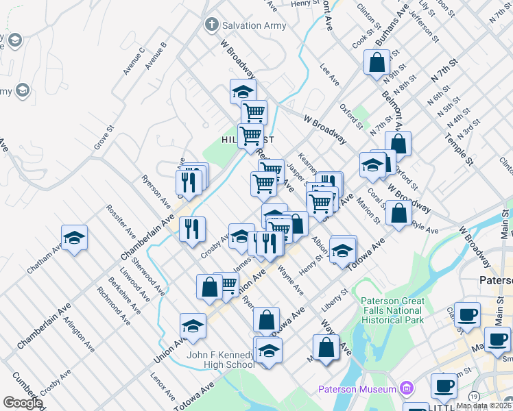map of restaurants, bars, coffee shops, grocery stores, and more near 159 Sheridan Avenue in Paterson