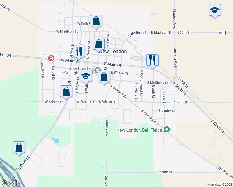 map of restaurants, bars, coffee shops, grocery stores, and more near 128-202 E Cleveland St in New London