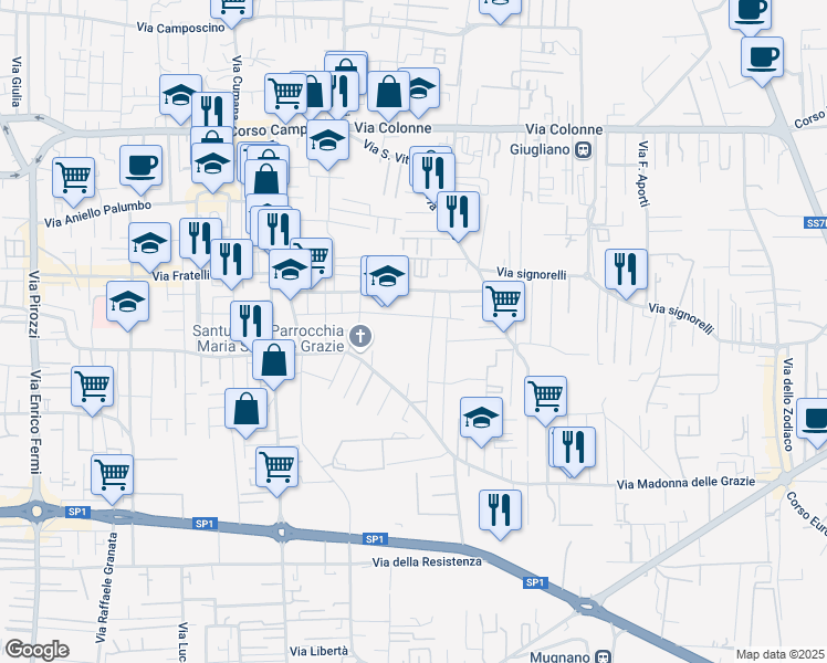 map of restaurants, bars, coffee shops, grocery stores, and more near 44 Via Gabriele D'Annunzio in Giugliano in Campania