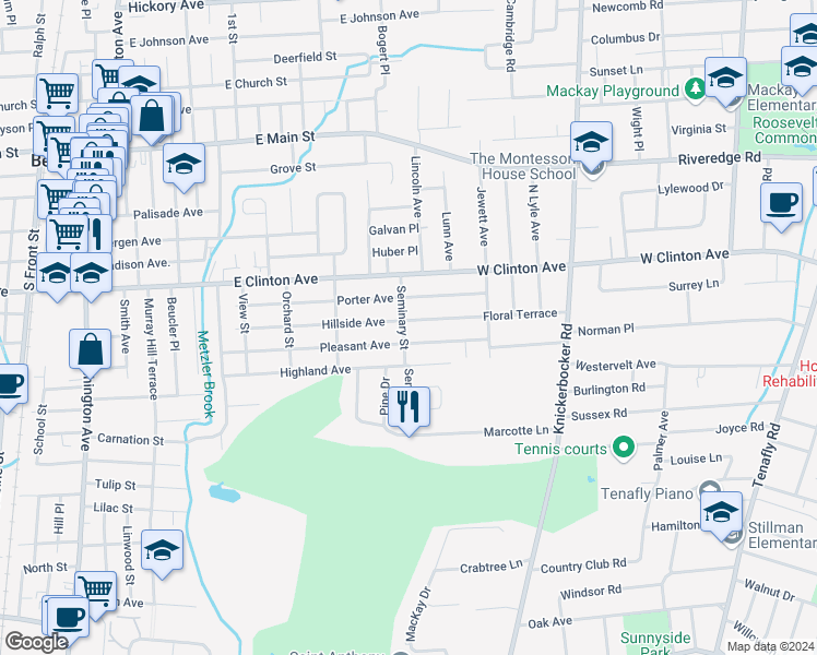 map of restaurants, bars, coffee shops, grocery stores, and more near 180 Hillside Avenue in Bergenfield