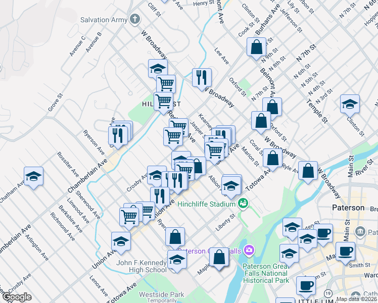 map of restaurants, bars, coffee shops, grocery stores, and more near 137 Albion Avenue in Paterson