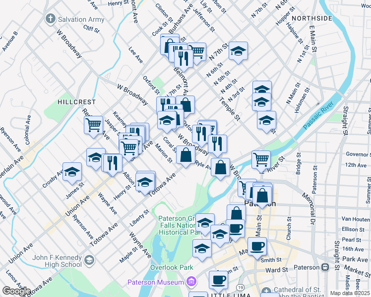 map of restaurants, bars, coffee shops, grocery stores, and more near in Paterson