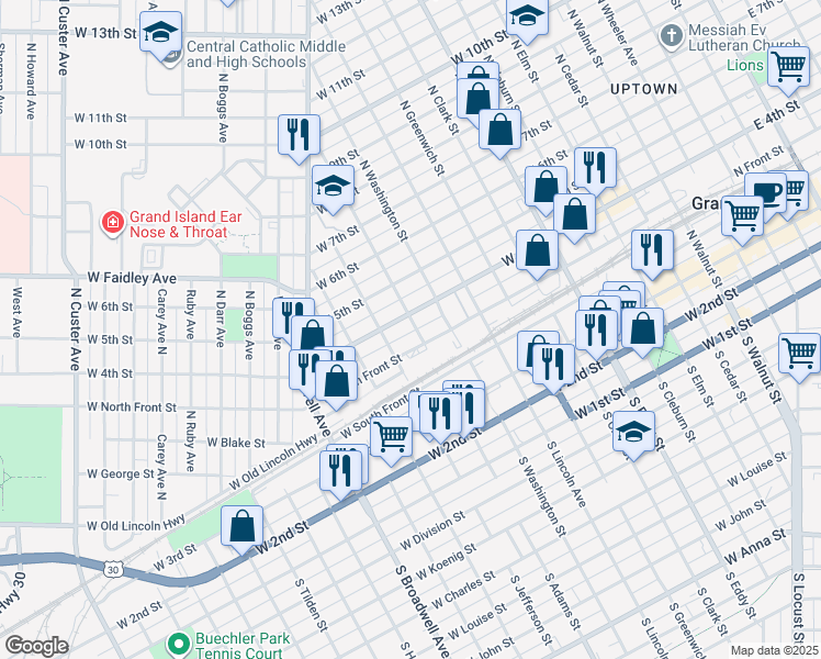 map of restaurants, bars, coffee shops, grocery stores, and more near 352 North Adams Street in Grand Island