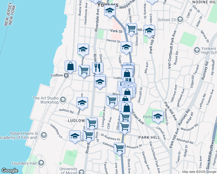 map of restaurants, bars, coffee shops, grocery stores, and more near 22 Livingston Avenue in Yonkers