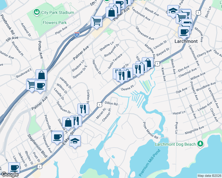 map of restaurants, bars, coffee shops, grocery stores, and more near 2406 Boston Post Road in Larchmont