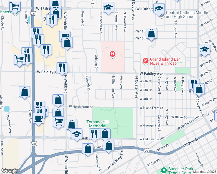 map of restaurants, bars, coffee shops, grocery stores, and more near 500-622 North Sherman Avenue in Grand Island