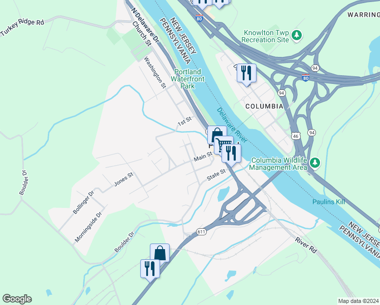 map of restaurants, bars, coffee shops, grocery stores, and more near 502 Pennsylvania Avenue in Mount Bethel