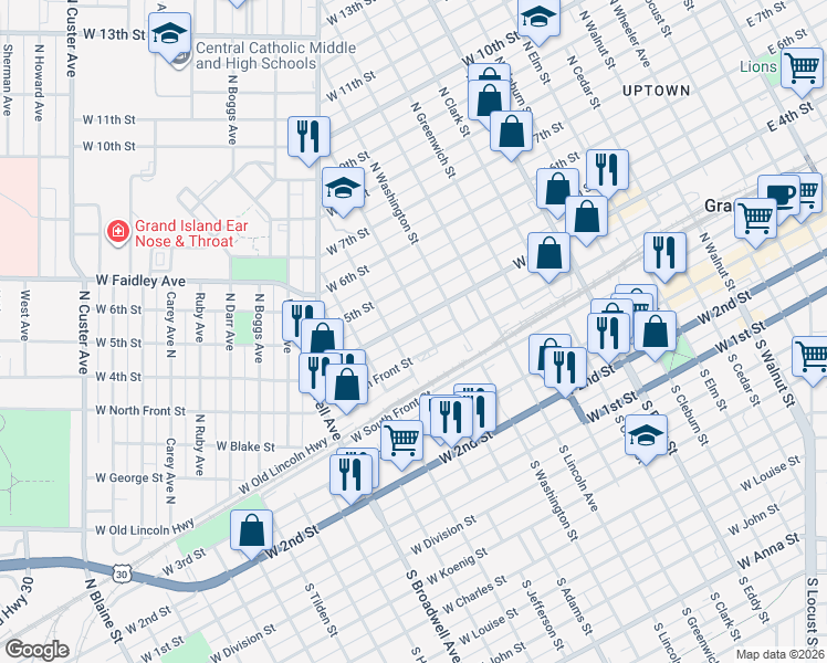 map of restaurants, bars, coffee shops, grocery stores, and more near 352-398 N Adams St in Grand Island