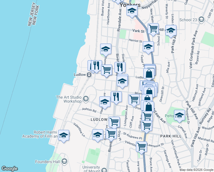 map of restaurants, bars, coffee shops, grocery stores, and more near 18 Pier Street in Yonkers