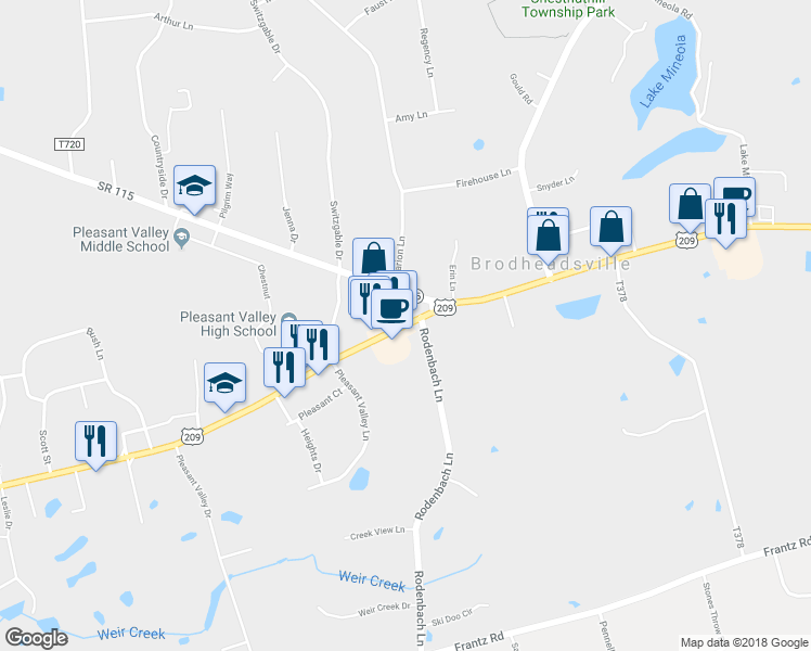 map of restaurants, bars, coffee shops, grocery stores, and more near Route 209 in Brodheadsville