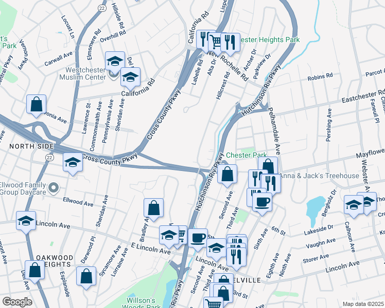 map of restaurants, bars, coffee shops, grocery stores, and more near 32 Hillcrest Road in Mount Vernon