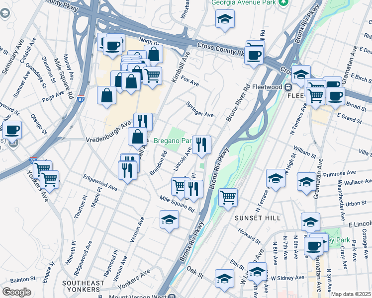 map of restaurants, bars, coffee shops, grocery stores, and more near 24 Holmes Street in Yonkers
