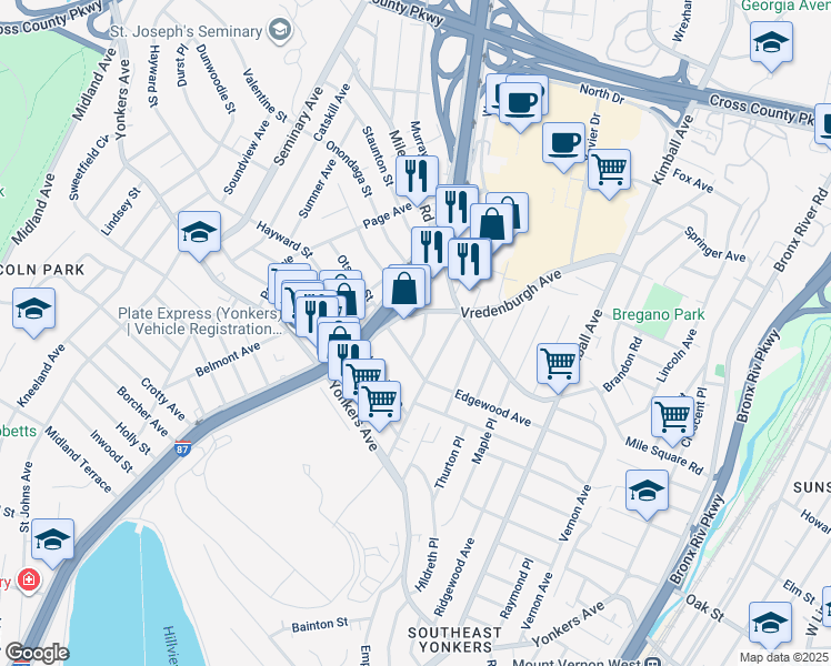 map of restaurants, bars, coffee shops, grocery stores, and more near 18 Vredenburgh Avenue in Yonkers