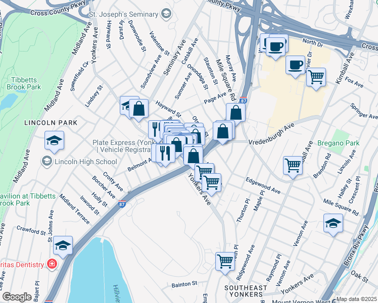 map of restaurants, bars, coffee shops, grocery stores, and more near 98 Cowles Avenue in Yonkers