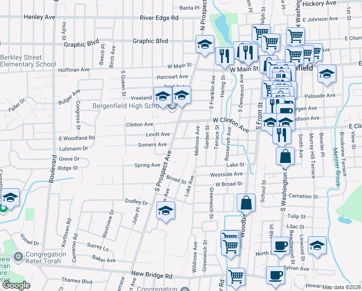 map of restaurants, bars, coffee shops, grocery stores, and more near 140 Anderson Avenue in Bergenfield