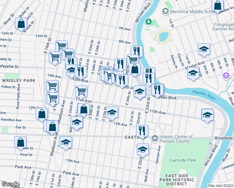 map of restaurants, bars, coffee shops, grocery stores, and more near in Paterson