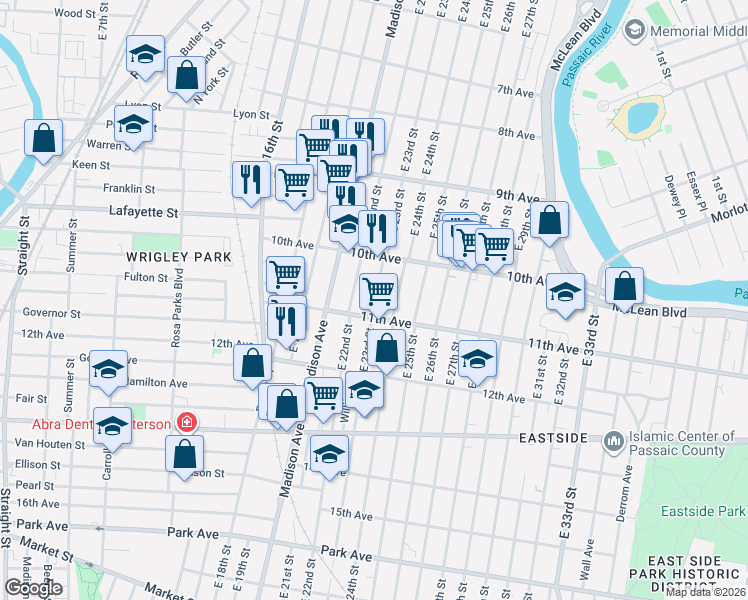 map of restaurants, bars, coffee shops, grocery stores, and more near 511 East 22nd Street in Paterson