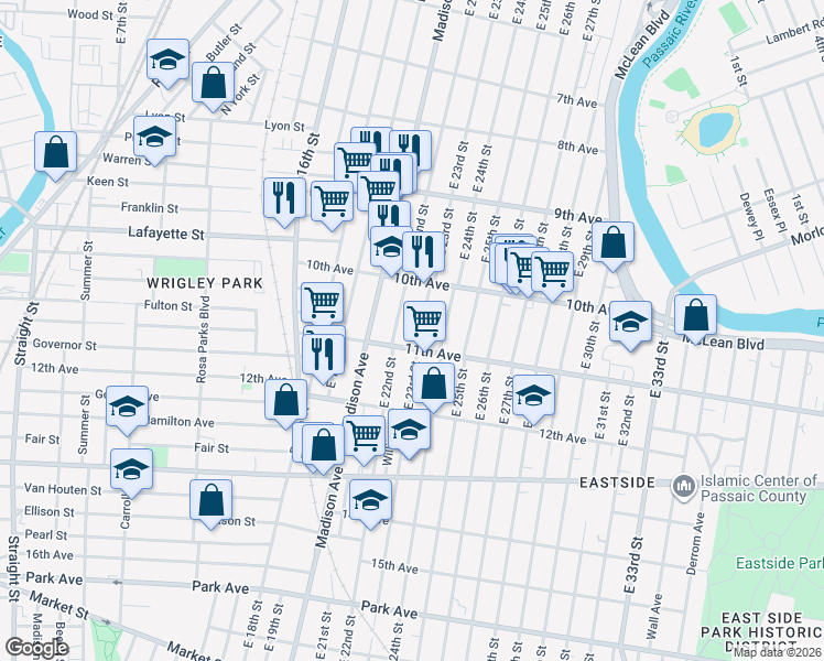 map of restaurants, bars, coffee shops, grocery stores, and more near 511 East 22nd Street in Paterson