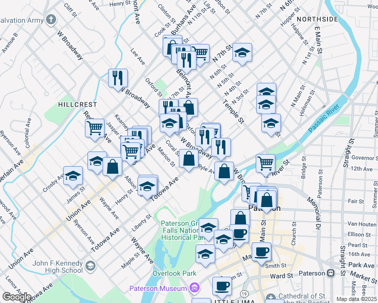 map of restaurants, bars, coffee shops, grocery stores, and more near in Paterson
