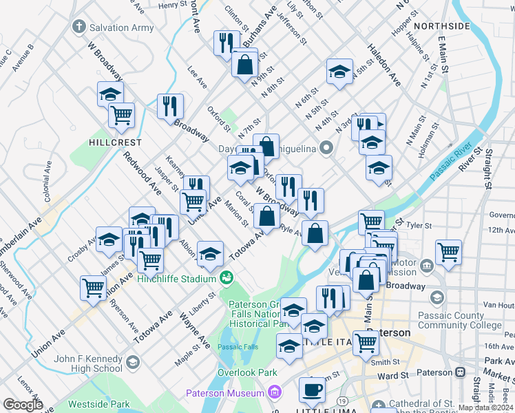 map of restaurants, bars, coffee shops, grocery stores, and more near in Paterson