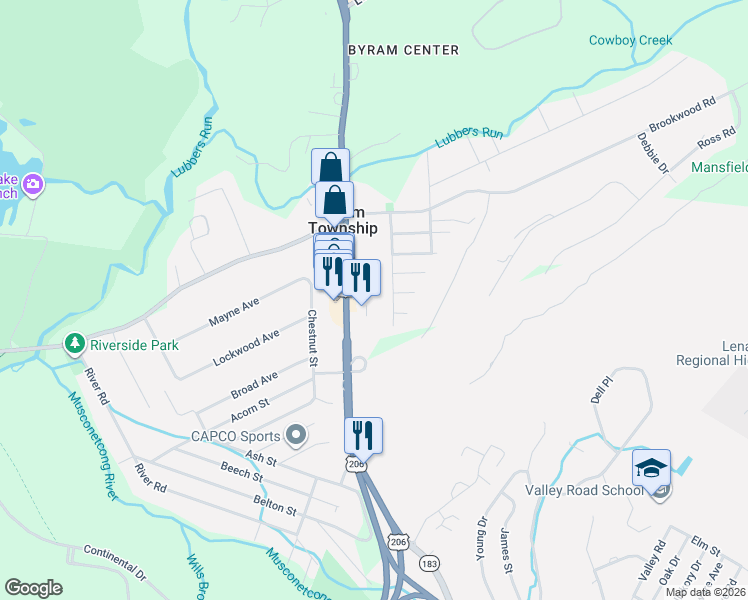map of restaurants, bars, coffee shops, grocery stores, and more near 16 U.S. 206 in Stanhope