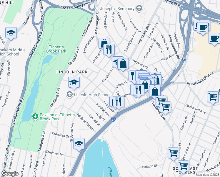 map of restaurants, bars, coffee shops, grocery stores, and more near 23 Nile Street in Yonkers