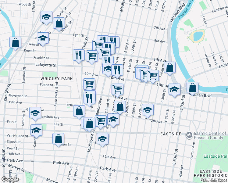 map of restaurants, bars, coffee shops, grocery stores, and more near 511 East 22nd Street in Paterson