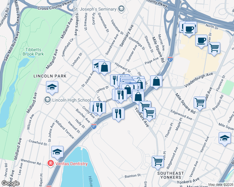 map of restaurants, bars, coffee shops, grocery stores, and more near 15 Belmont Avenue in Yonkers