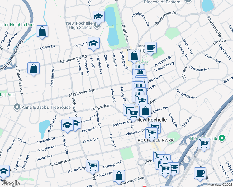map of restaurants, bars, coffee shops, grocery stores, and more near 83 Chauncey Avenue in New Rochelle