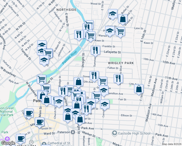 map of restaurants, bars, coffee shops, grocery stores, and more near 96 Harrison Street in Paterson