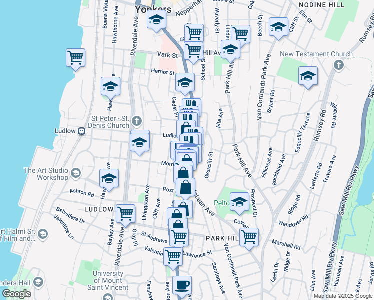 map of restaurants, bars, coffee shops, grocery stores, and more near in Yonkers