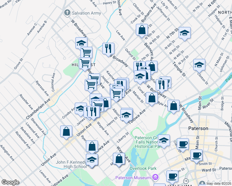map of restaurants, bars, coffee shops, grocery stores, and more near 127 Jasper Street in Paterson