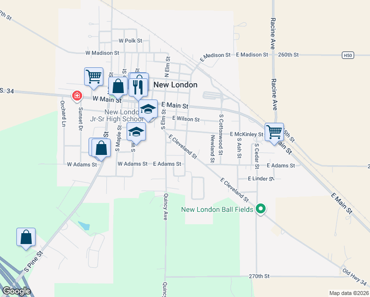 map of restaurants, bars, coffee shops, grocery stores, and more near 202 E Cleveland St in New London