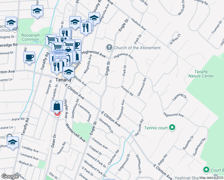 map of restaurants, bars, coffee shops, grocery stores, and more near 8 Forest Road in Tenafly