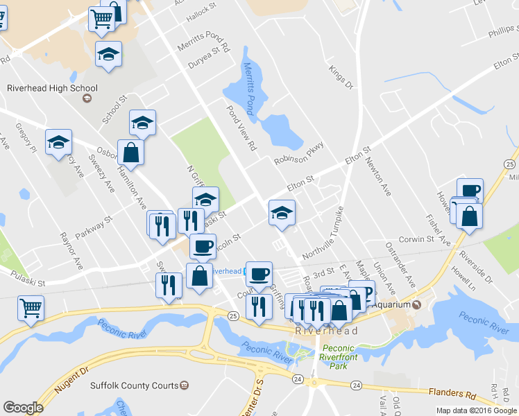map of restaurants, bars, coffee shops, grocery stores, and more near 619 Roanoke Ave in Riverhead