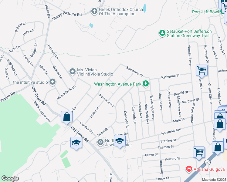 map of restaurants, bars, coffee shops, grocery stores, and more near 10 Paul Street in Port Jefferson Station