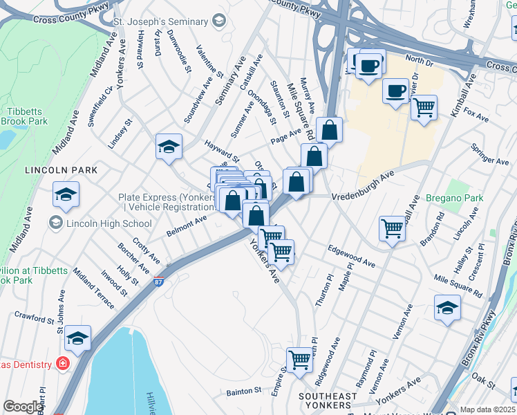 map of restaurants, bars, coffee shops, grocery stores, and more near 16 Emerson Street in Yonkers
