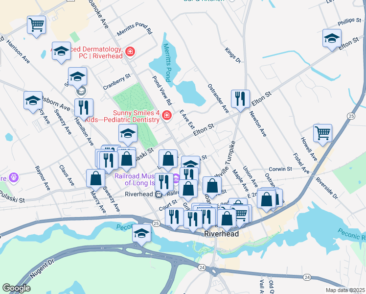 map of restaurants, bars, coffee shops, grocery stores, and more near 619 Roanoke Avenue in Riverhead