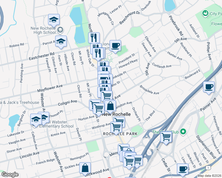 map of restaurants, bars, coffee shops, grocery stores, and more near 27 Treno Street in New Rochelle