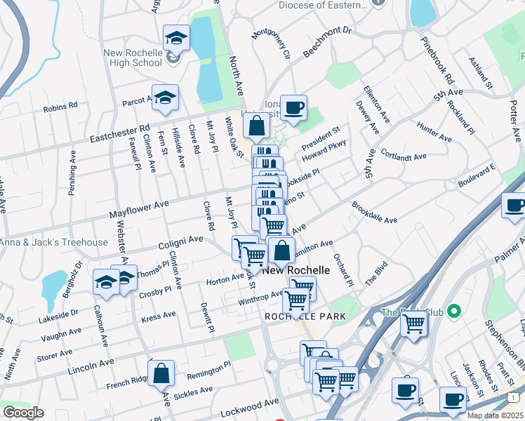 map of restaurants, bars, coffee shops, grocery stores, and more near 622 North Avenue in New Rochelle