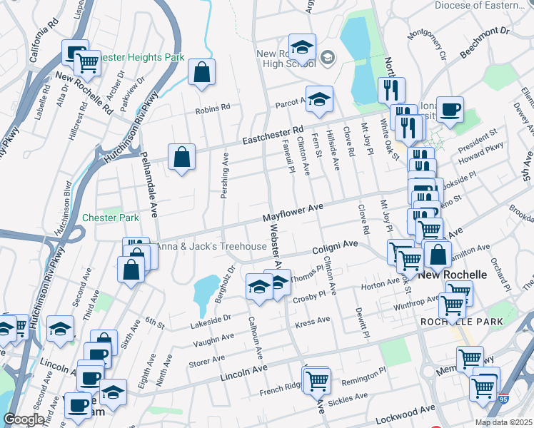 map of restaurants, bars, coffee shops, grocery stores, and more near 593 Webster Avenue in New Rochelle