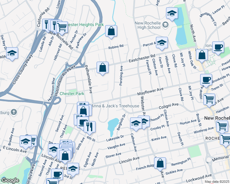 map of restaurants, bars, coffee shops, grocery stores, and more near 1 Lawrence Place in New Rochelle
