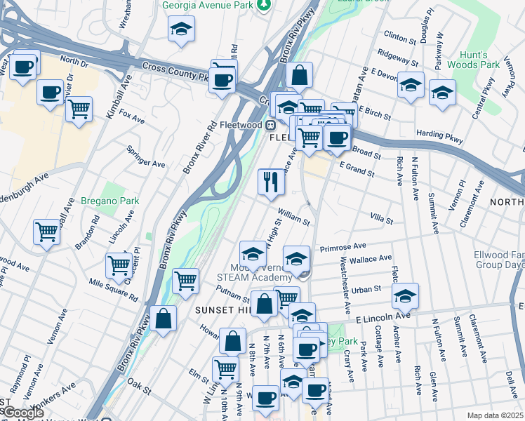 map of restaurants, bars, coffee shops, grocery stores, and more near 61 William Street in Mount Vernon