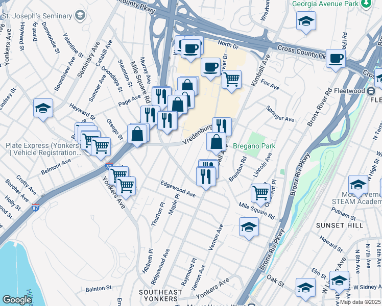 map of restaurants, bars, coffee shops, grocery stores, and more near 37 Stillwell Avenue in Yonkers