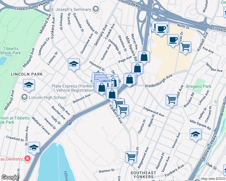 map of restaurants, bars, coffee shops, grocery stores, and more near 16 Emerson Street in Yonkers